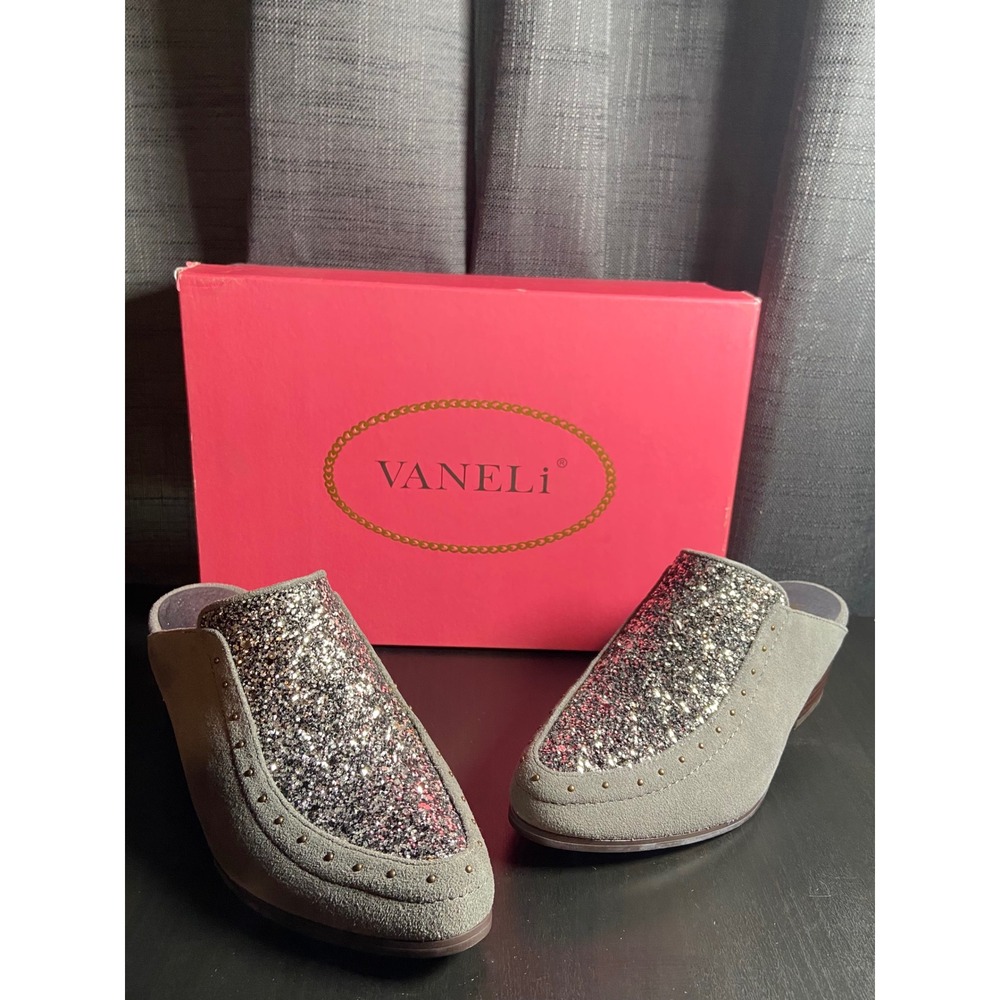 Vaneli Womens Grey Suede Glitter Mules Studded Block‎ Heel Clogs Size 6.5 M